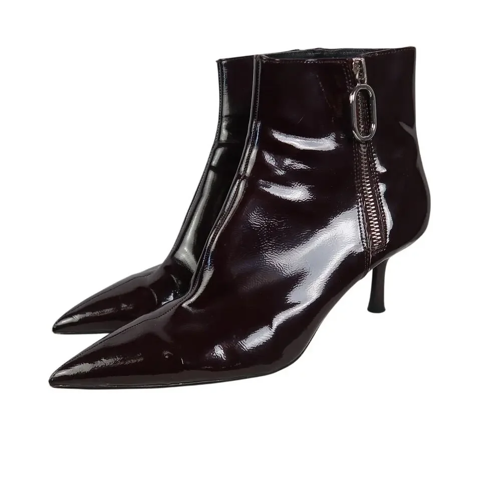 Zara Dark Burgundy Faux Patent Leather Kitten Heel Ankle Boots 38